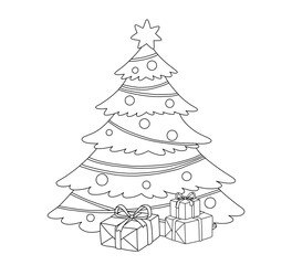 Christmas tree with gifts. Vector black and white illustration isolated on white background for coloring book