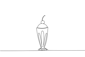 Continuous one line drawing vanilla sundae ice cream with cherry topping. Guaranteed freshness when summer arrives. Delicious. National Cherry Dessert Day. Single line draw design vector illustration