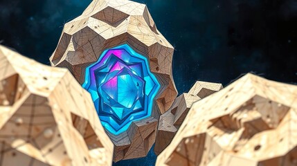 abstract scene of holographic 3D forms floating in a dark