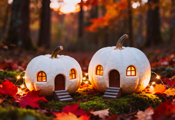 Two carved pumpkins resembling fairy cottages sit on a forest floor covered in autumn leaves. Soft lights illuminate the windows, creating a magical Halloween scene.