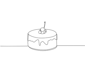 Single one line drawing round cake covered in chocolate with cherry topping. Simple topping but extraordinary taste. Tasty. National Cherry Dessert Day. Continuous line design graphic illustration