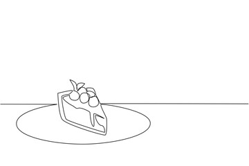 Single one line drawing slice of cheese cake with topping and blueberry jam on a small plate. Display menu for customers. National Blueberry Cheesecake Day. Continuous line design graphic illustration