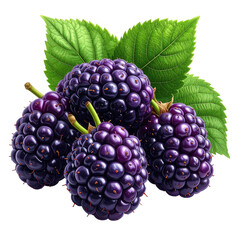 Fototapeta premium Group of ripe, juicy dark purple berries with green leaves arranged against a solid black background, showcasing the vibrant colors and textures of nature's bounty in a -style shot.