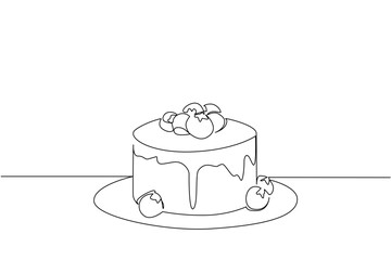 Single one line drawing round cheese cake with blueberry topping on a small plate. A dish to complete a long holiday. National Blueberry Cheesecake Day. Continuous line design graphic illustration