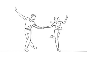 Single continuous line drawing man and woman in retro vintage clothes dancing lindy hop while holding hands. Exercise to stay fit. Excited. World Lindy Hop Day. One line design vector illustration