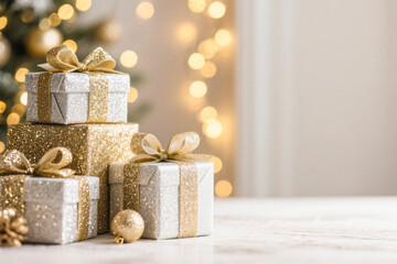 Elegant holiday gift boxes with gold and silver sparkle perfect for christmas and new year celebrations