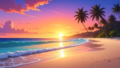 Warm summer sunset landscape with orange clouds over ocean waves and sandy beach