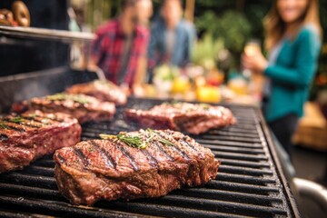 Juicy steaks are sizzling on a grill while friends enjoy a lively backyard barbecue. The atmosphere is relaxed and filled with laughter on a sunny afternoon
