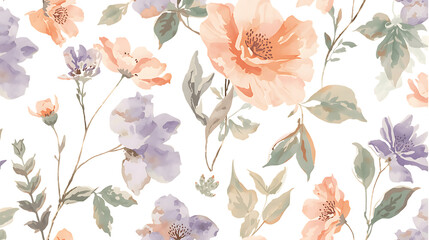 Watercolor Floral Pattern with Peaches and Lavender Flowers on PNG Black Background graphic design