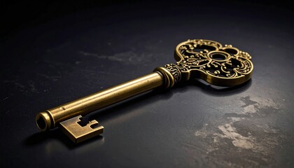 Antique golden key placed on a dark background
