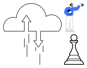 Cloud with up and down arrows signifying data sync, pawn symbolizing strategy, person with a laptop for digital work. Ideal for technology, data, strategy, teamwork, connectivity, leadership simple