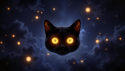Black cat head with glowing eyes floating in night sky surrounded by clouds 
