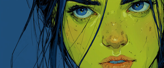 An intricate illustration showcasing a woman's face with detailed features, conveying depth and emotion through color.
