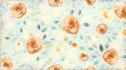 Watercolor Floral Pattern with Peachy Roses and Yellow Accents on Teal PNG Background graphic design
