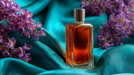 Amber glass bottle placed on luxurious teal satin fabric, surrounded by delicate purple flowers, high-quality product shot, soft natural lighting