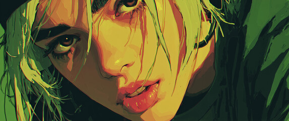 A colorful and vivid artistic rendering of a young woman, capturing a blend of emotion and contemporary style.