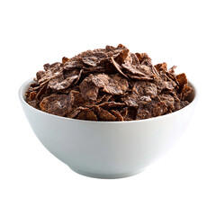White bowl of chocolate corn flakes isolated on transparent background
