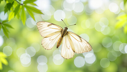 Delicate butterfly with translucent wings hovering among bright green leaves