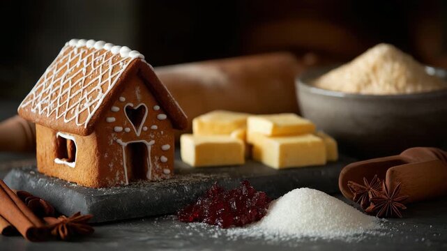 A detailed shot of a gingerbread house surrounded by various baking ingredients, capturing the essence of festive baking and the joy of creating holiday treats.