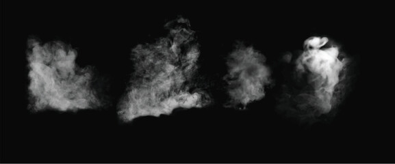 Light flowing smoke isolated on black background. Clouds on dark backdrop. Exploding white powder. Wide realistic illustration	
