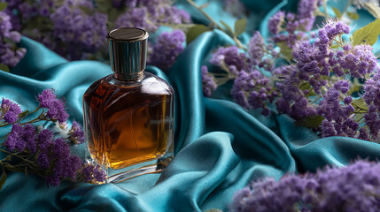 Amber glass bottle placed on luxurious teal satin fabric, surrounded by delicate purple flowers, high-quality product shot, soft natural lighting