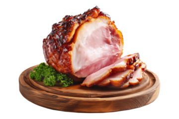 Maple baked glazed ham partially sliced with parsley garnish on wooden board, isolated on white transparent background.