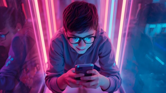 Teenager using smartphone under glowing neon lights, modern youth lifestyle in digital technology era.