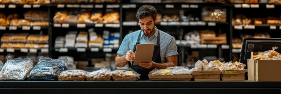 Entrepreneurial Baker at Stall Surrounded by Well-Organized Supermarket Shelves Full of Fresh Breads