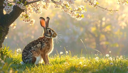 Obraz premium Enchanting Spring Morning - Hare Bathed in Golden Sunlight Under Blooming Cherry Tree.