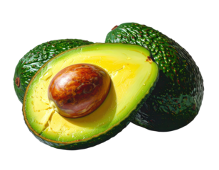 Freshly cut avocado reveals its vibrant green flesh and large brown seed, surrounded by two whole avocados, all set against a deep black backdrop, displaying the fruit's natural texture and colors.
