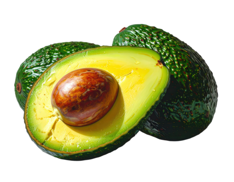 Freshly cut avocado reveals its vibrant green flesh and large brown seed, surrounded by two whole avocados, all set against a deep black backdrop, displaying the fruit's natural texture and colors.