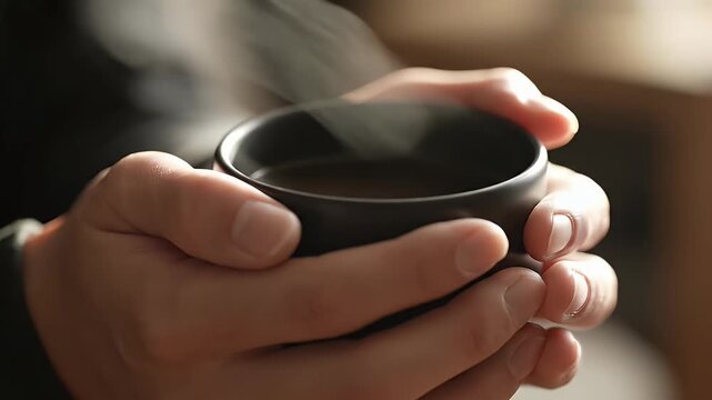 Gentle Hands Embracing Warmth: Soothing Aroma and Comforting Gesture of a Hot Drink for Serenity and Relaxing Moment of Self-Care with Steaming Cup