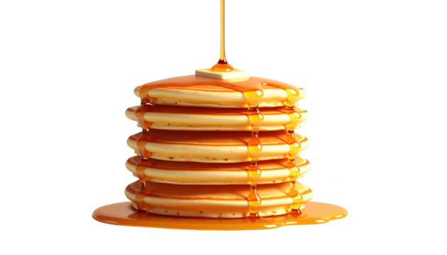 Delicious stack of golden brown pancakes drizzled with sweet, flowing syrup, with a melting pat of butter on top.