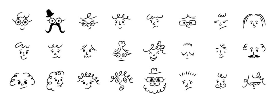 Hand drawn crayon emoticon set. Colorful doodle style emoji faces with various moods and feelings. Vector cartoon character icons.