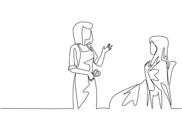 Single continuous line drawing a female barber talks to woman in chair wearing a body covering. Tidy up the hair. National Hairstylist Mental Health Awareness Day. One line design vector illustration