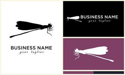 Dragonfly logo design on various backgrounds.