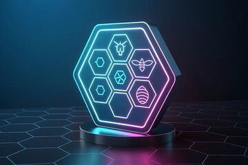 Futuristic hexagonal emblem with neon outline featuring various symbols on a dark textured surface