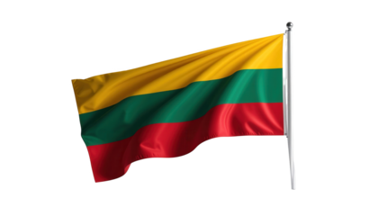 A vibrant Lithuanian flag flutters gracefully in the breeze against a stark black backdrop, showcasing the country's national colors of yellow, green, and red.