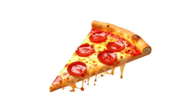 Slice of savory pepperoni pizza features melted cheese dripping with a vibrant red tomato sauce and perfectly cooked crust, set against a stark, black background, creating a delicious culinary image.