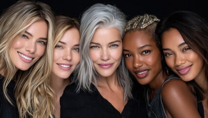 models of different ethnicities, age and skin tones with beautiful hair in the center of an advertising campaign for skincare cream