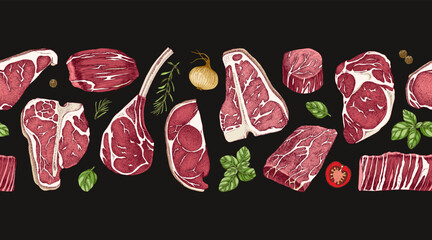 Hand drawn beef seamless border vector