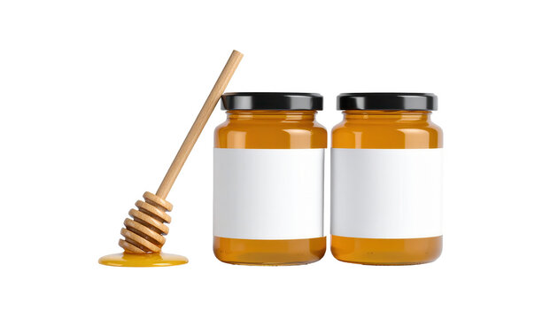 Two glass jars filled with golden honey stand beside a wooden honey dipper with flowing honey, accompanied by a dark, minimalistic background, creating a simple yet visually appealing composition.