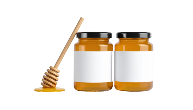Two glass jars filled with golden honey stand beside a wooden honey dipper with flowing honey, accompanied by a dark, minimalistic background, creating a simple yet visually appealing composition.