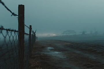 Foggy country road with barbed wire fence