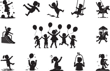 Joyful silhouette illustrations of children playing with balloons and enjoying activities