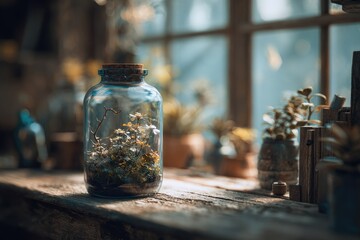 Glass jar with small plants on wooden surface near window
