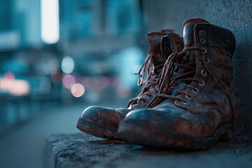 Worn work boots on a city curb