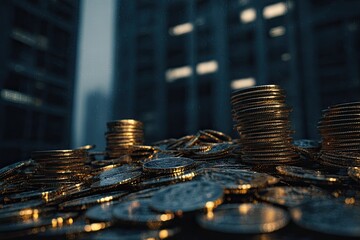 Golden coins stacked against a backdrop of city buildings