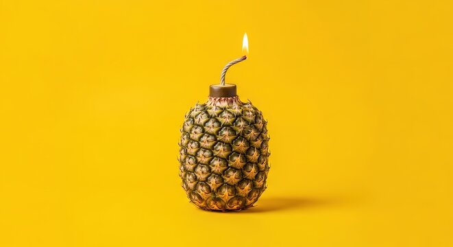 Pineapple Bomb with a Lit Fuse on Yellow Background.