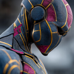 A stylized superhero figure highlights a futuristic design with vibrant colors and intricate detailing, reflects strength and allure.